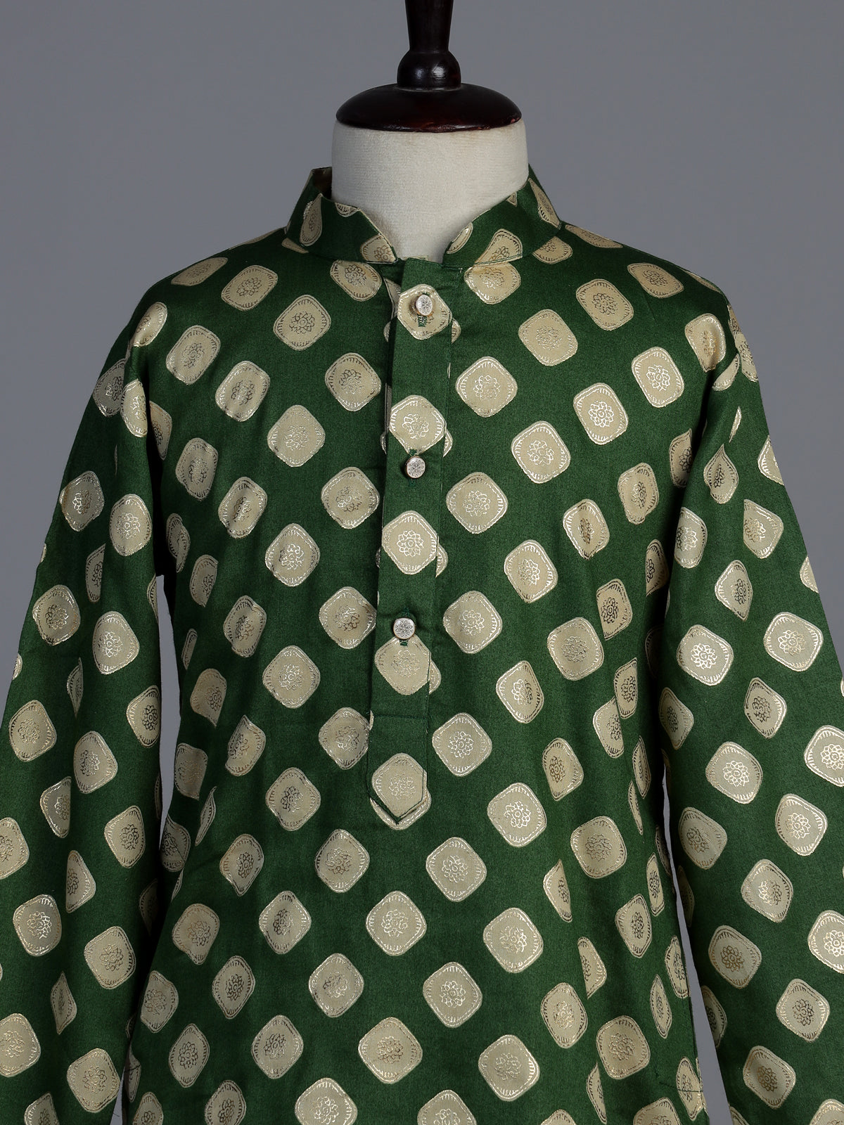 Mehendi green silk kurta suit for boys with zari printed charm