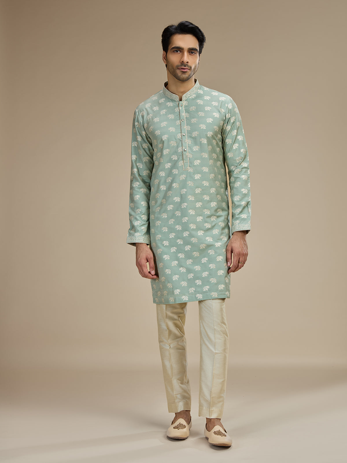 Mint green men royal elephant brocade kurta pajama