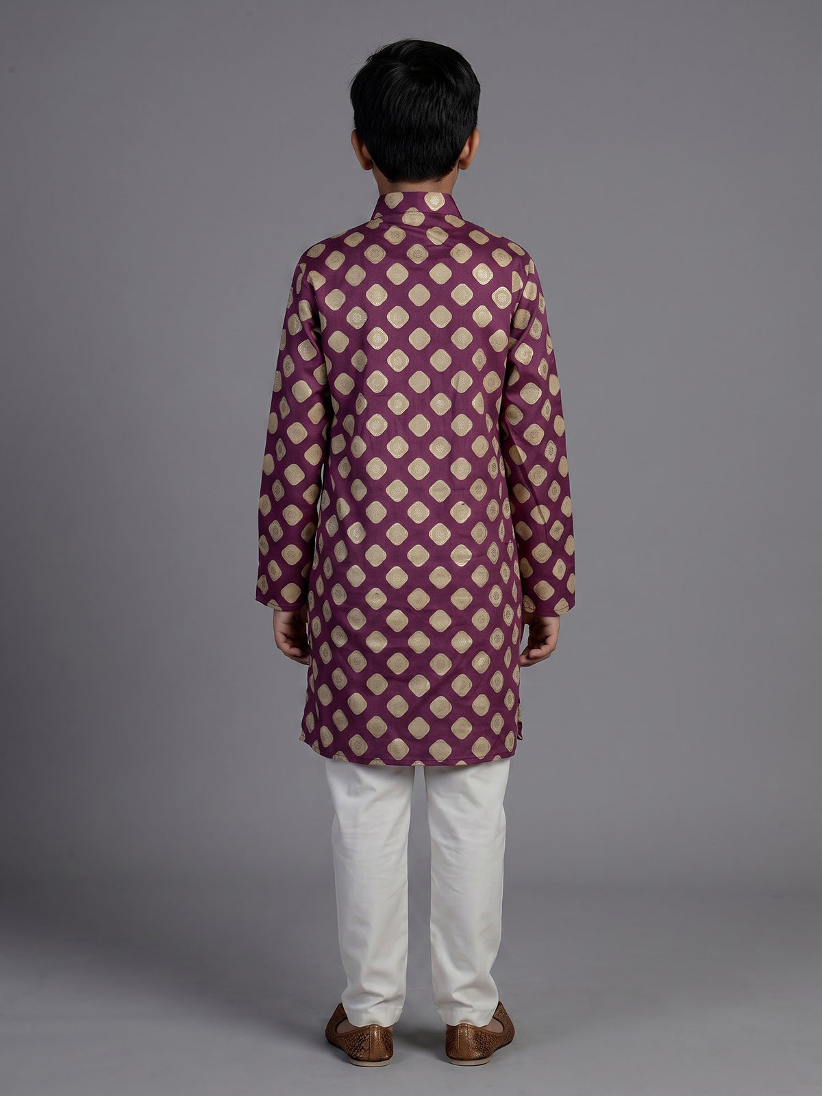 Purple silk kurta suit for boys with zari printed festive elegance