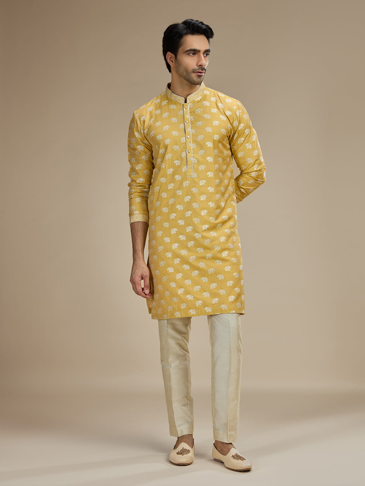 Yellow mens regal elephant banarasi kurta suit