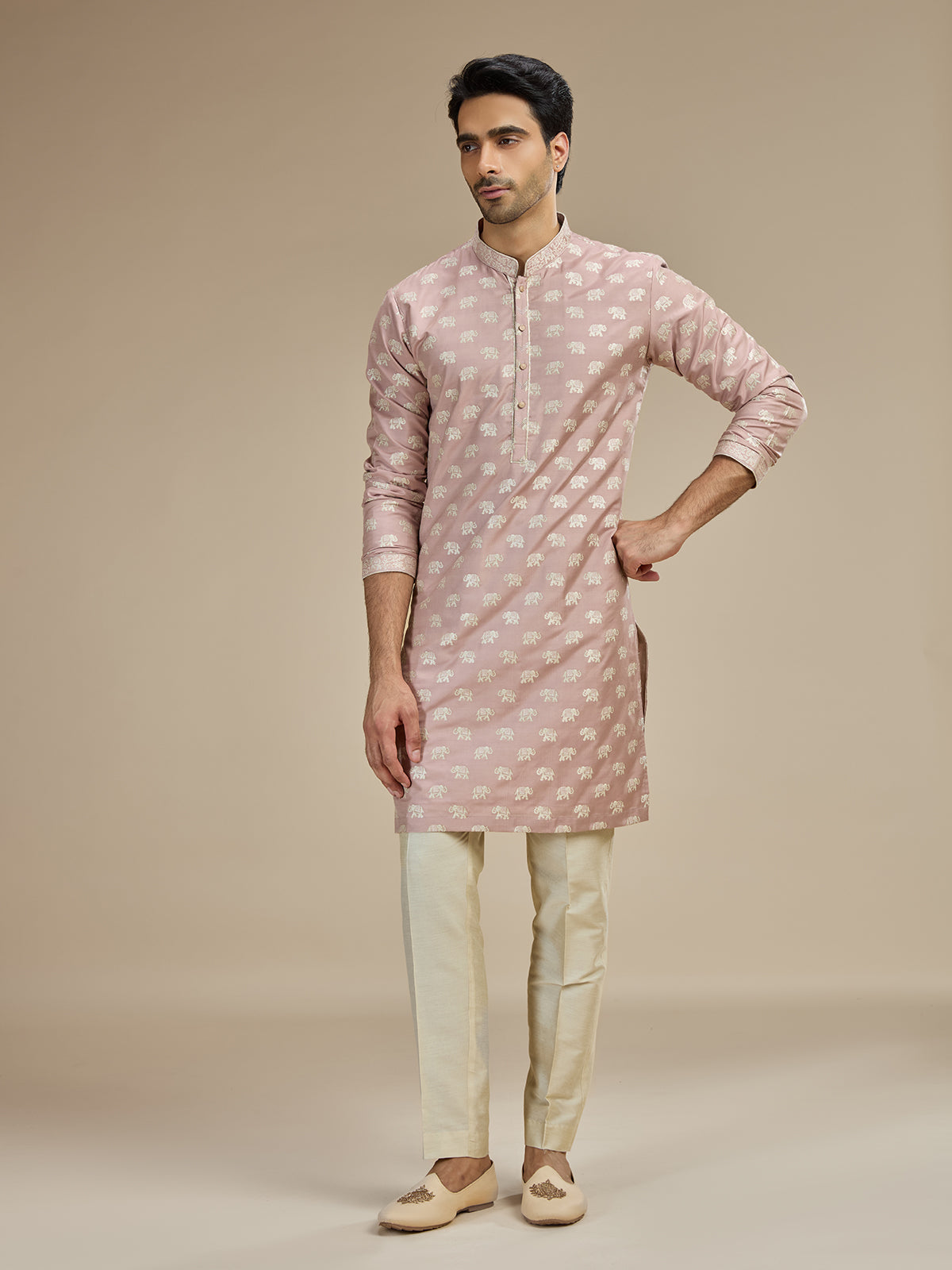 Dusty pink mens royal elephant banarasi kurta pajama