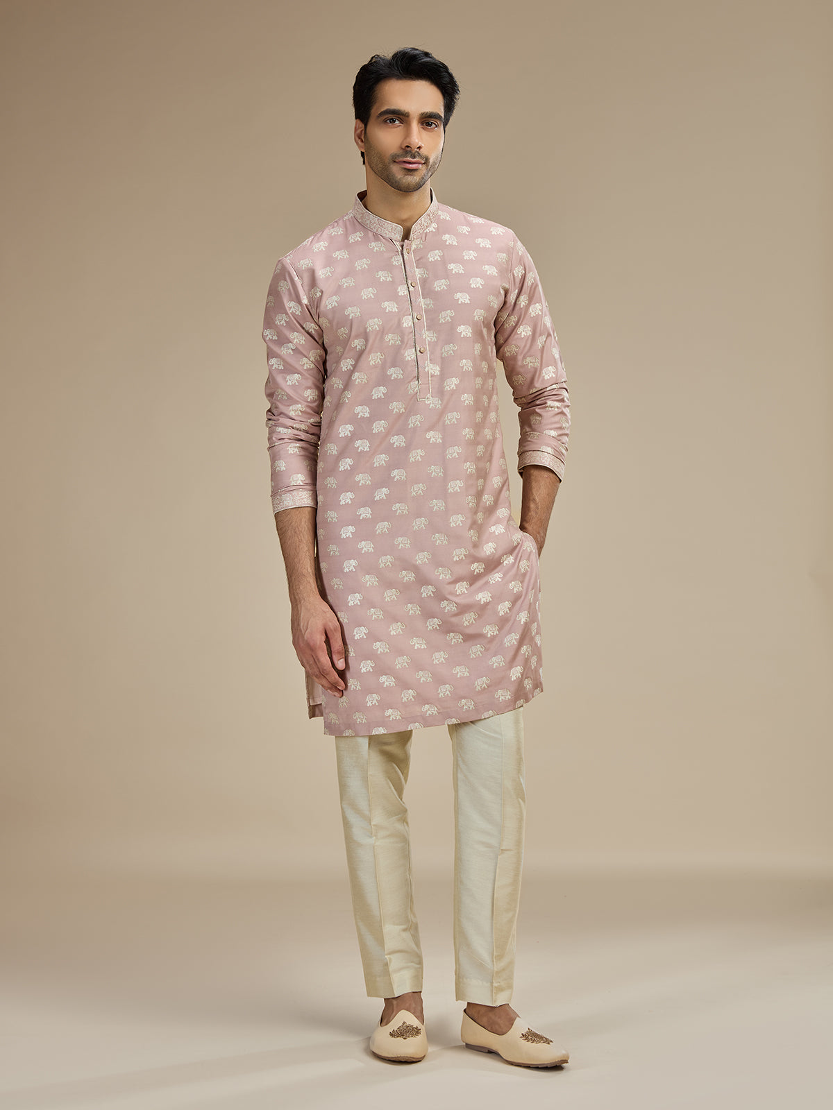 Dusty pink mens royal elephant banarasi kurta pajama