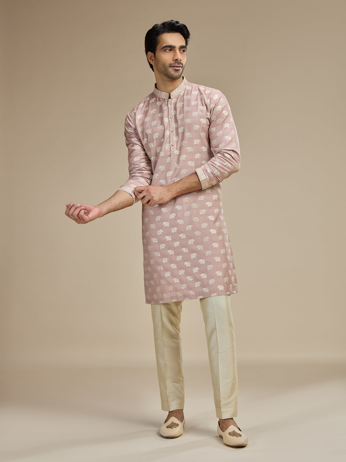 Dusty pink mens royal elephant banarasi kurta pajama