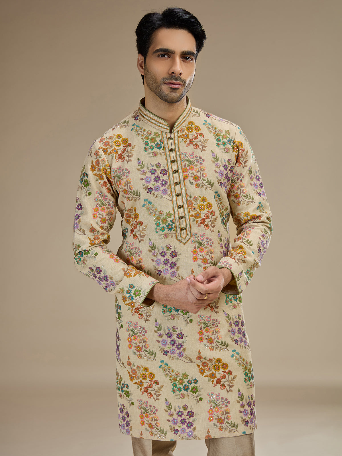 Beige gold mens parsi gara tussar kurta suit