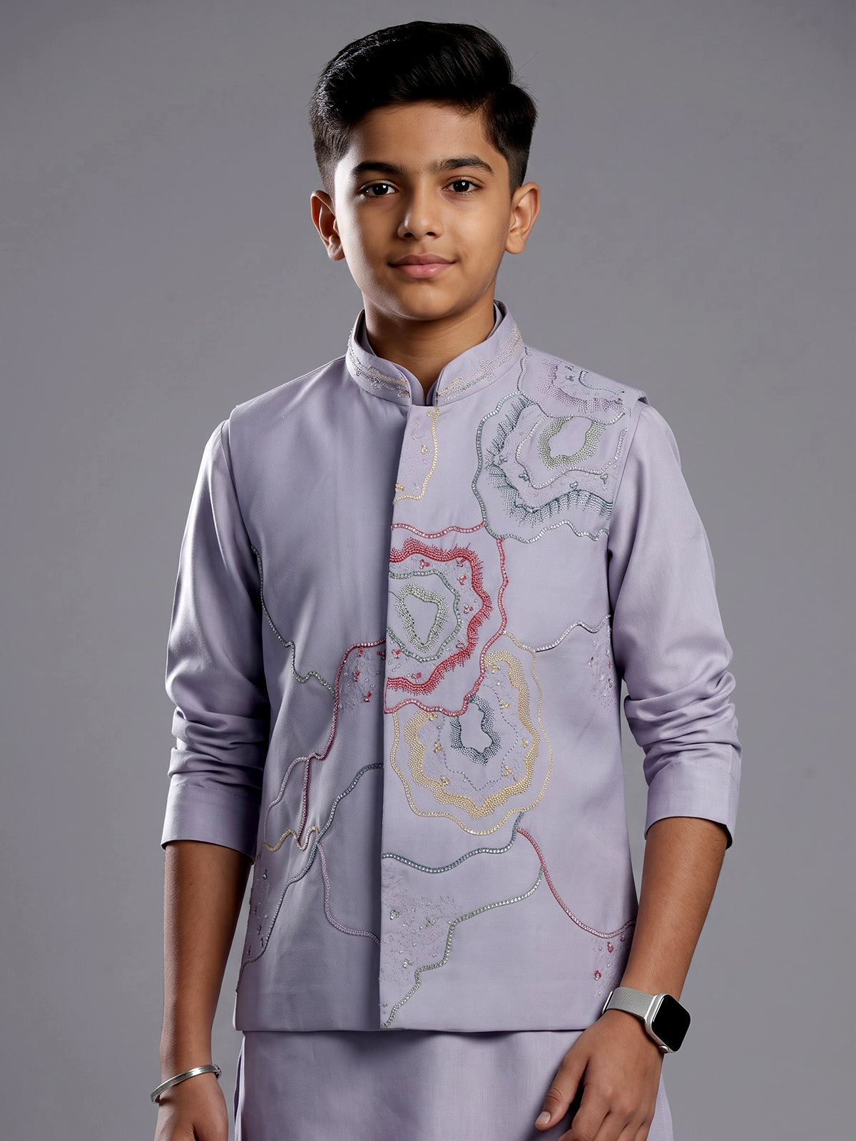 Lavender purple silk blend waistcoat set for boys with festive detailing