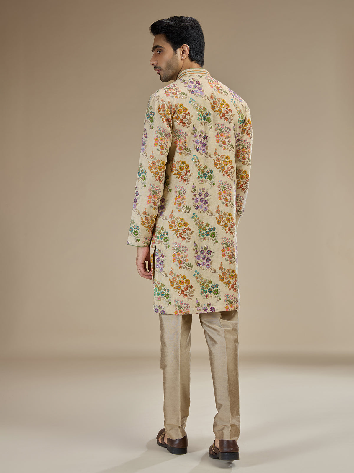 Beige gold mens parsi gara tussar kurta suit