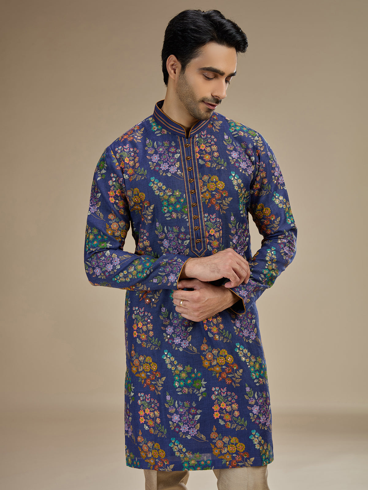 Royal blue mens embroidered tussar silk kurta pajama
