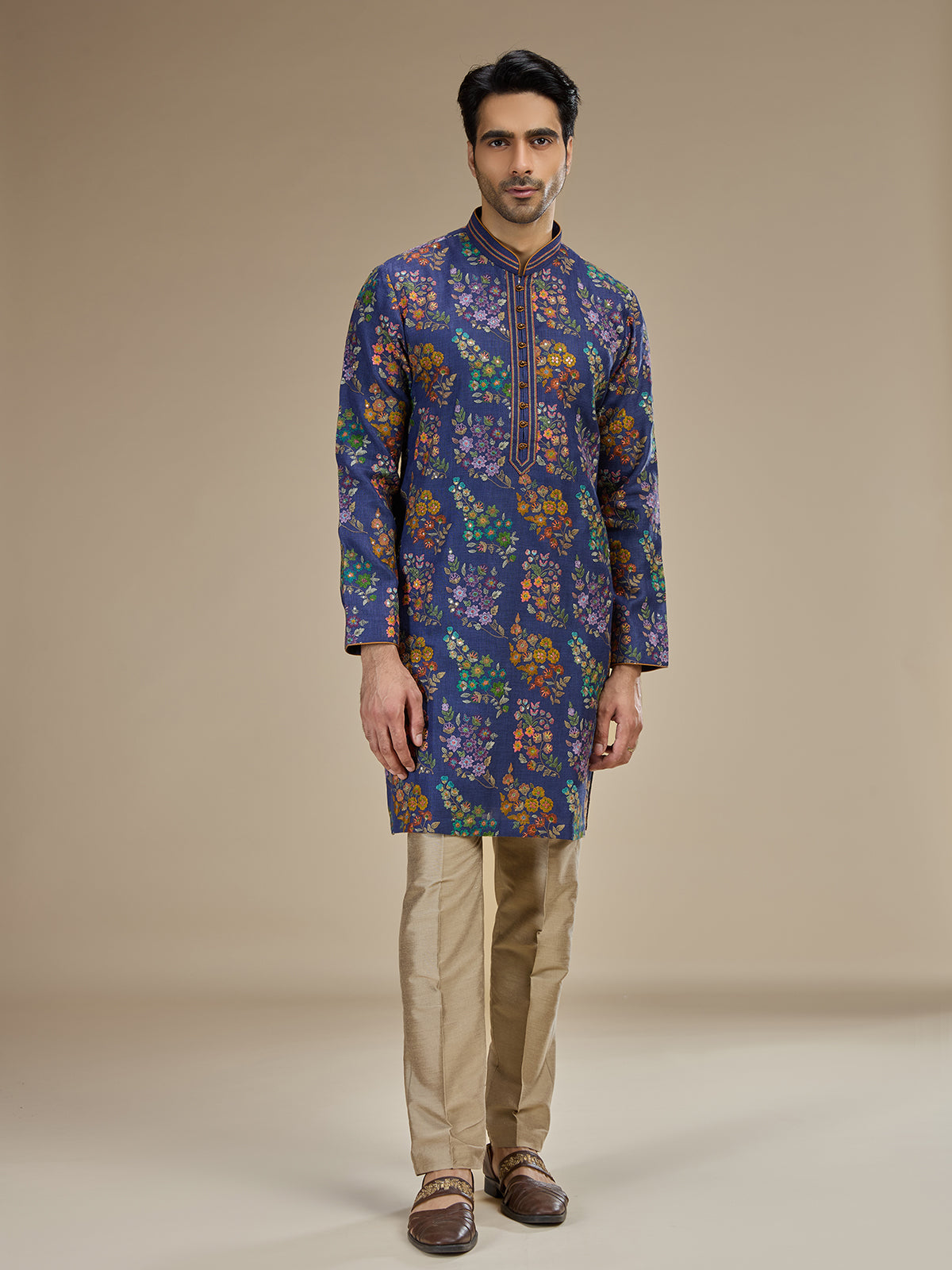 Royal blue mens embroidered tussar silk kurta pajama