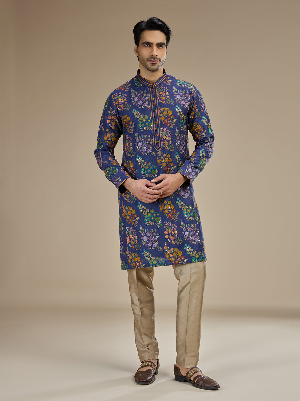 Royal blue mens embroidered tussar silk kurta pajama