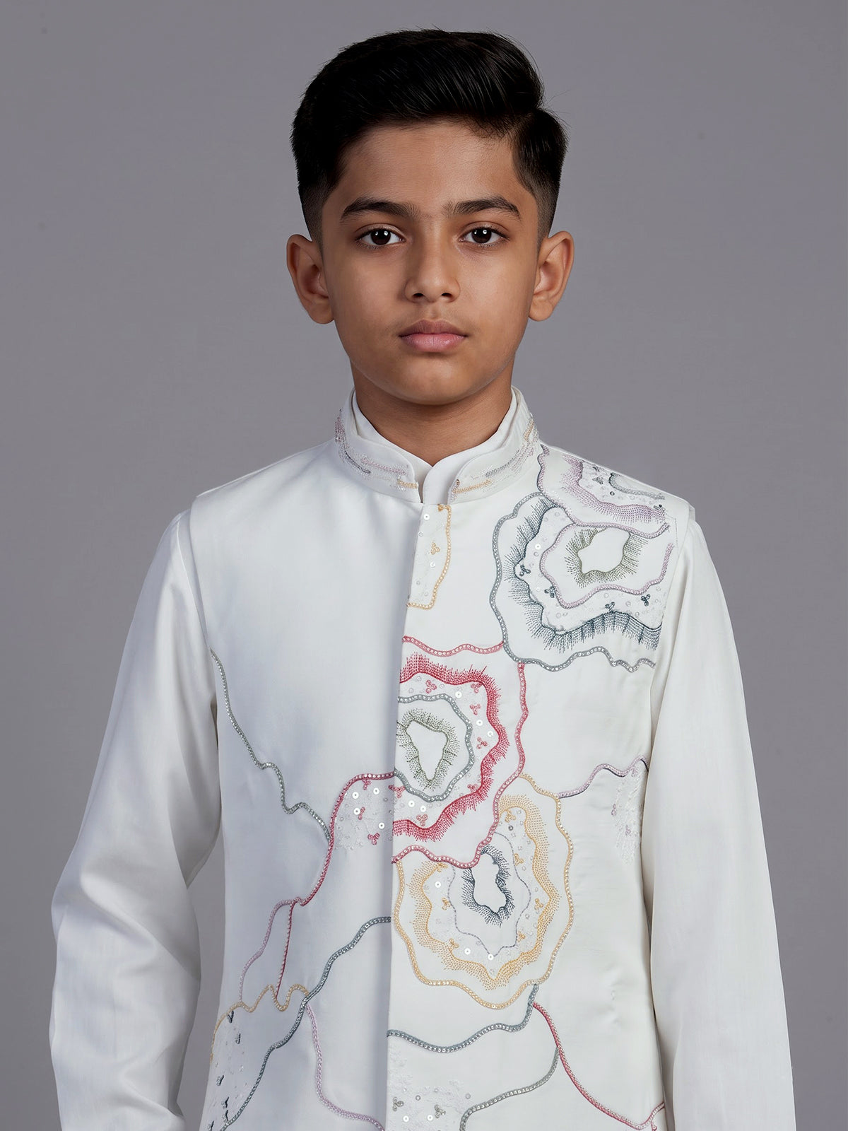 White silk blend waistcoat set for boys with elegant festive embellishments