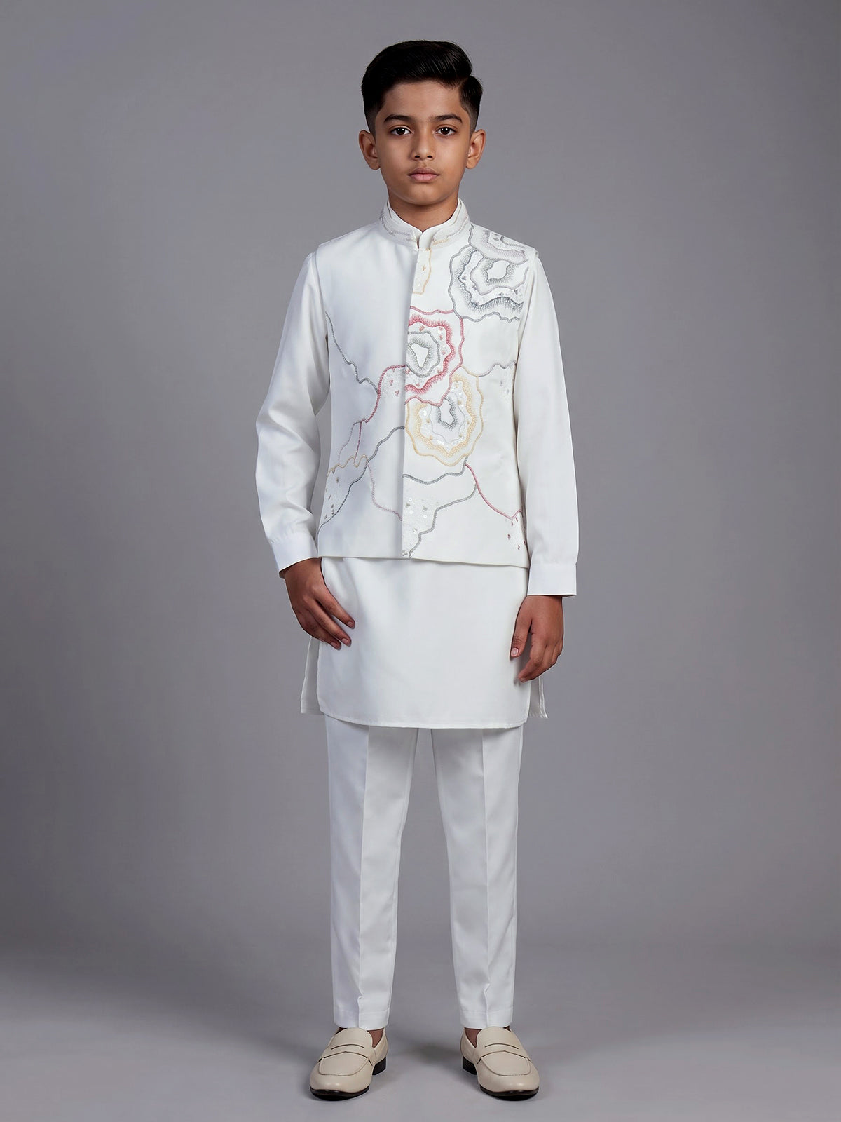 White silk blend waistcoat set for boys with elegant festive embellishments