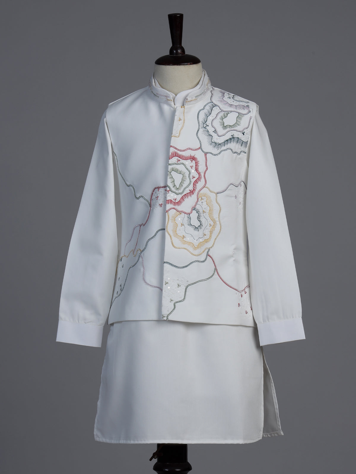 White silk blend waistcoat set for boys with elegant festive embellishments