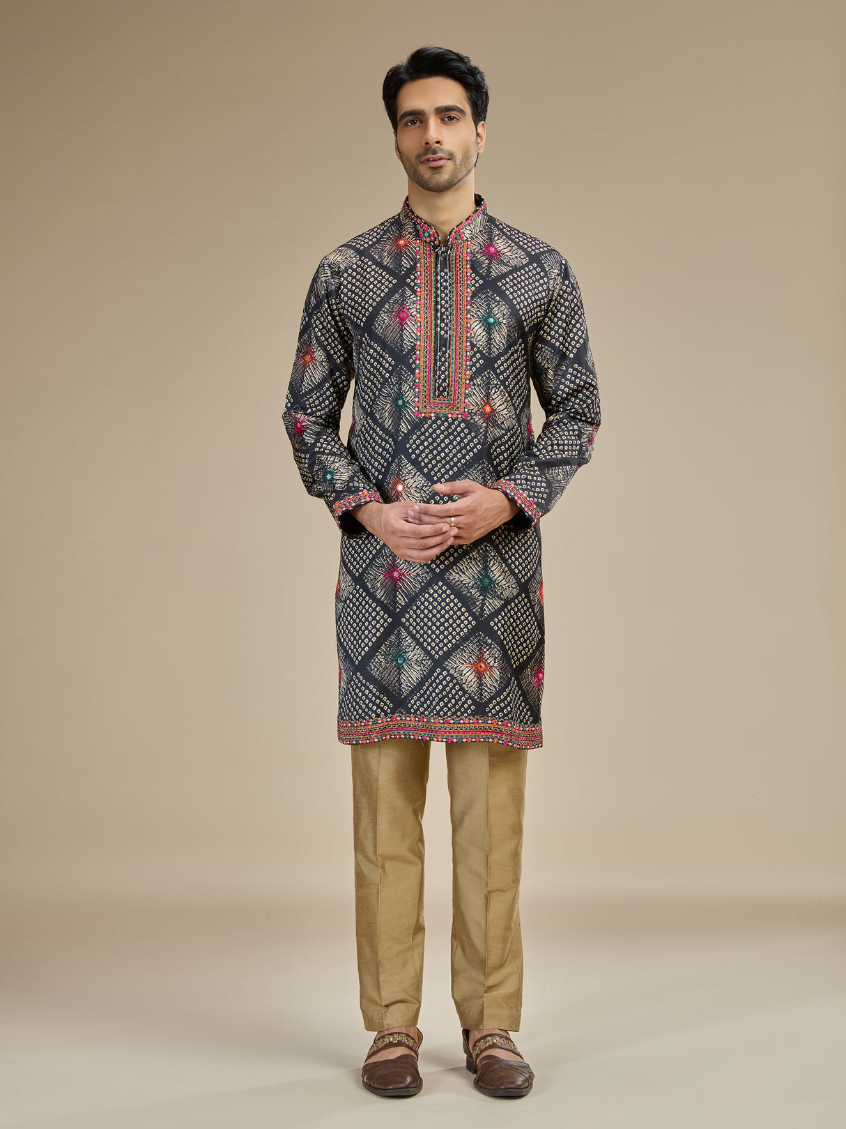 Charcoal black mens bandhani kutch embroidered kurta suit