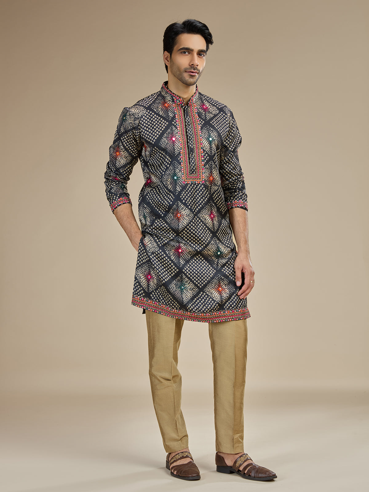 Charcoal black mens bandhani kutch embroidered kurta suit