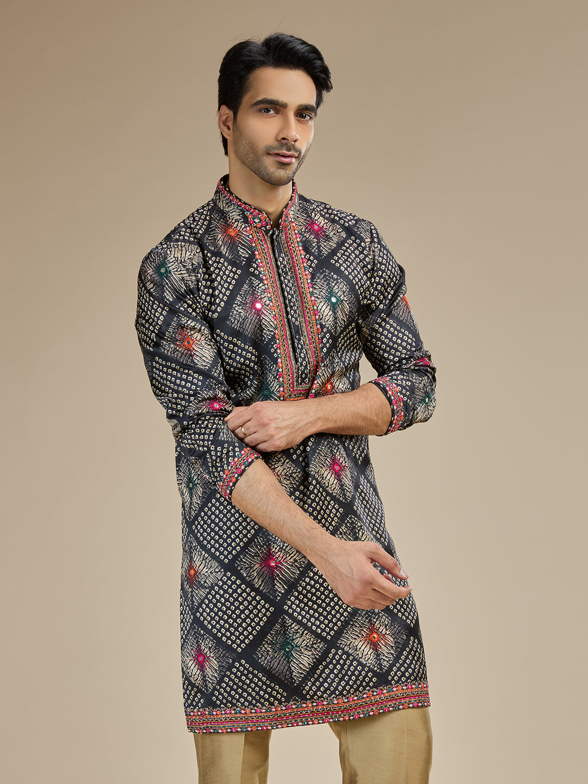 Charcoal black mens bandhani kutch embroidered kurta suit