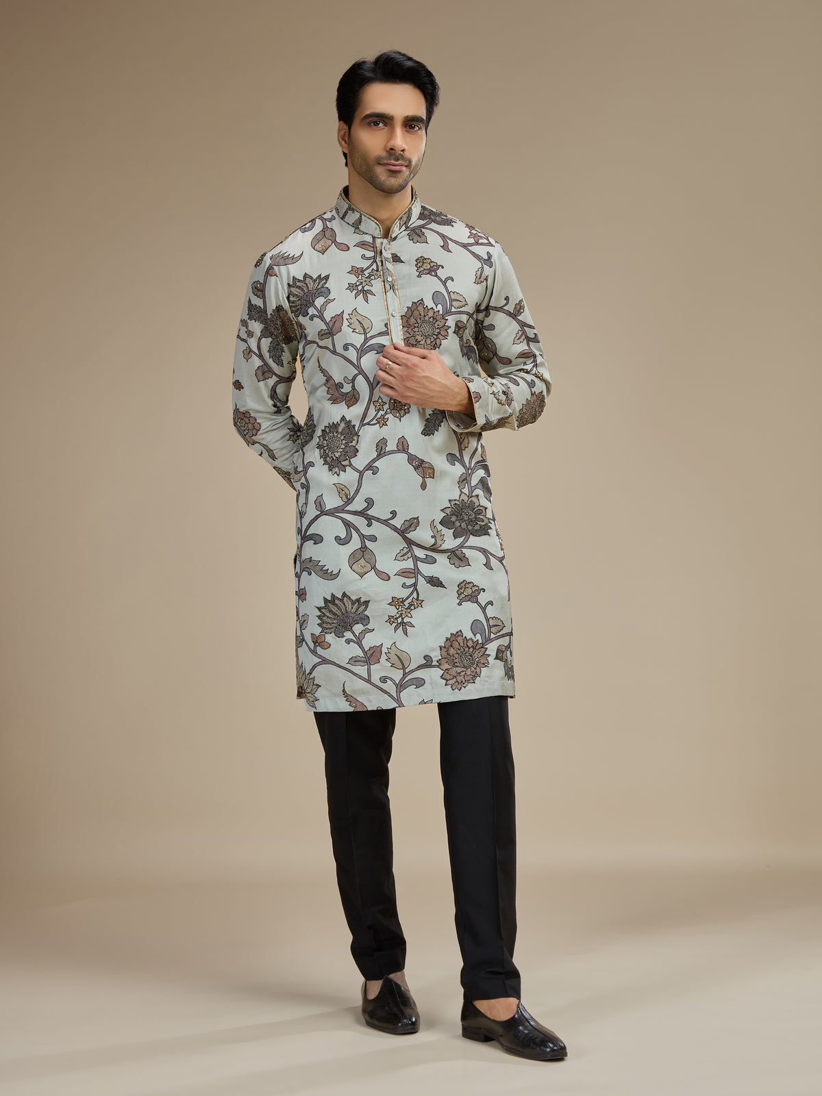 Grey mens botanical tapestry embroidered kurta pajama