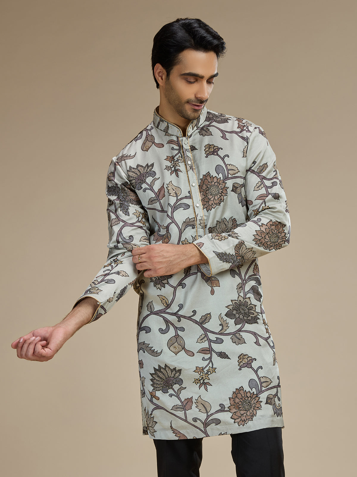 Grey mens botanical tapestry embroidered kurta pajama
