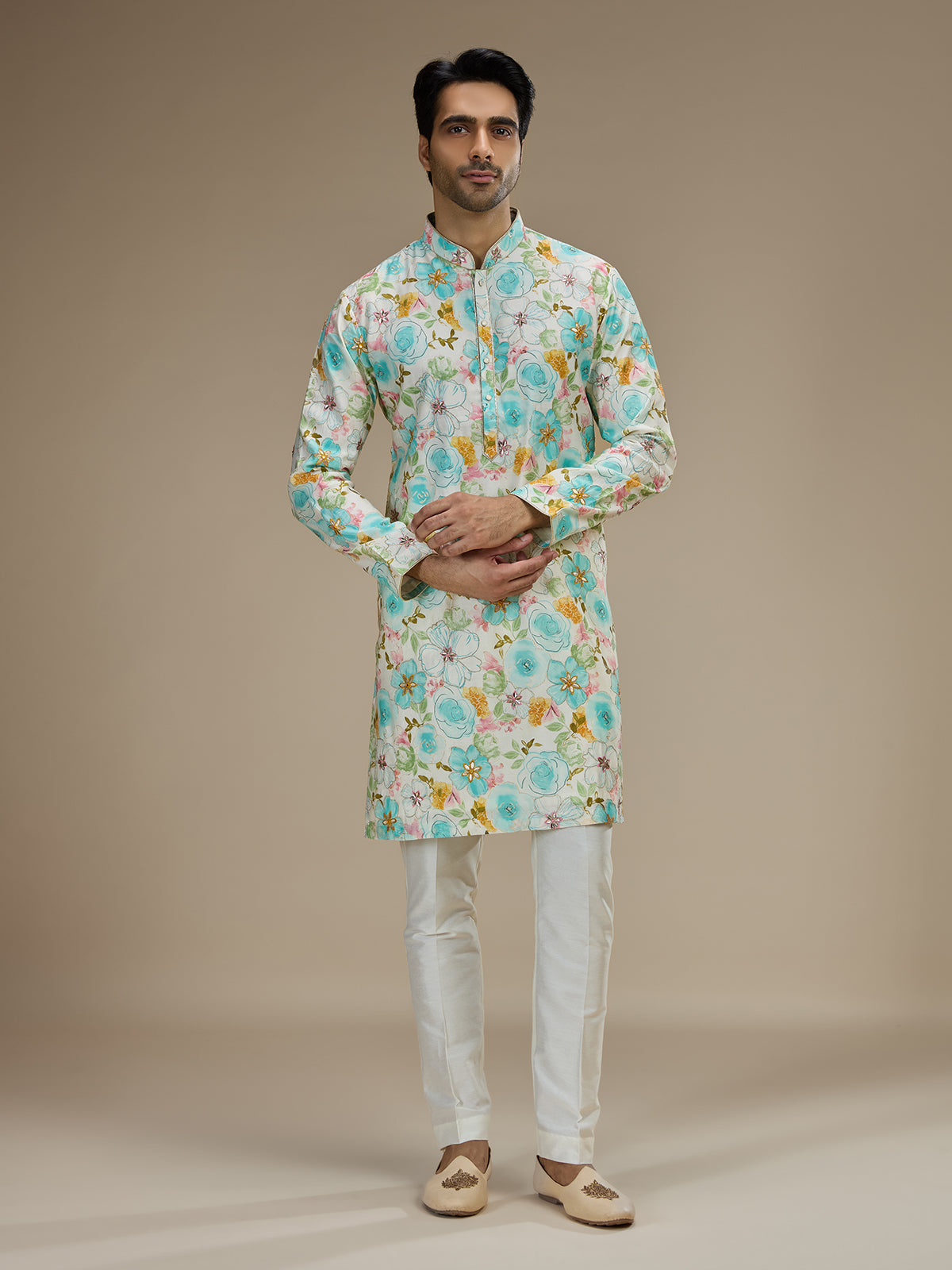 Multi color mens watercolor floral cotton silk kurta pajama