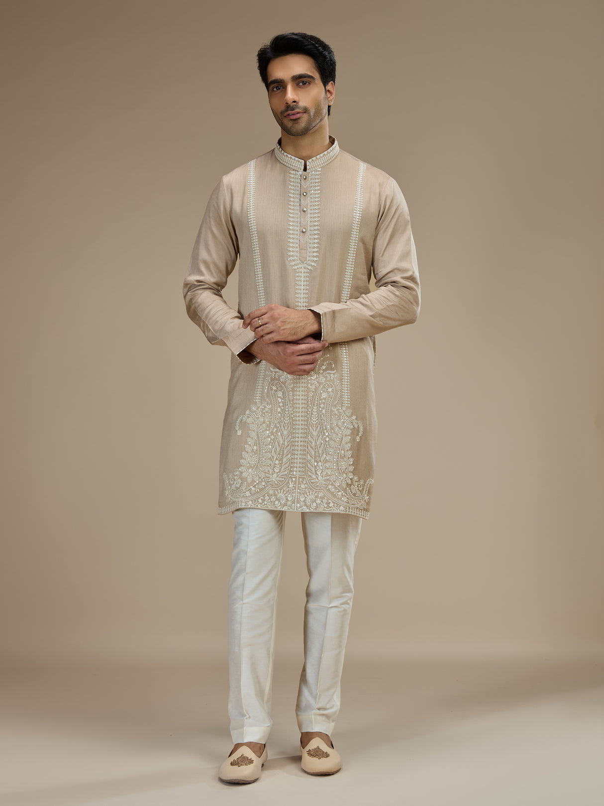 Beige mens paisley embroidered tussar kurta suit
