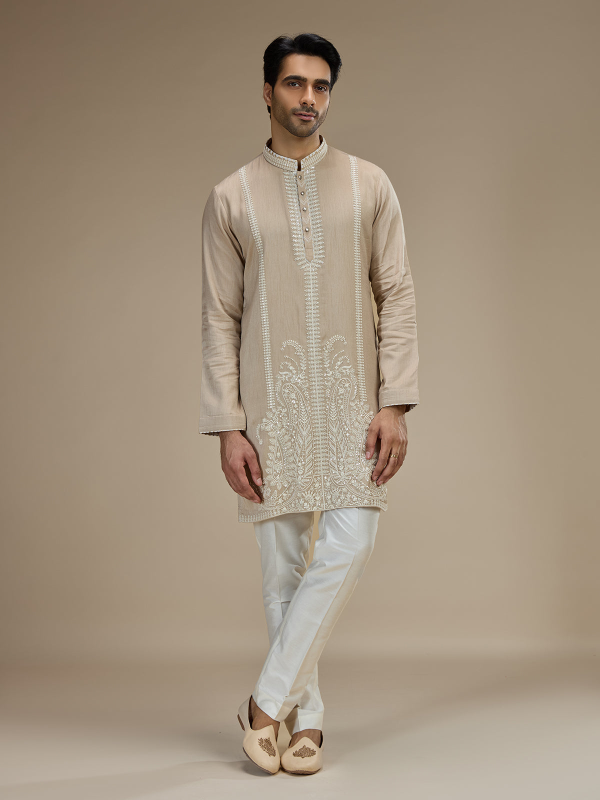 Beige mens paisley embroidered tussar kurta suit