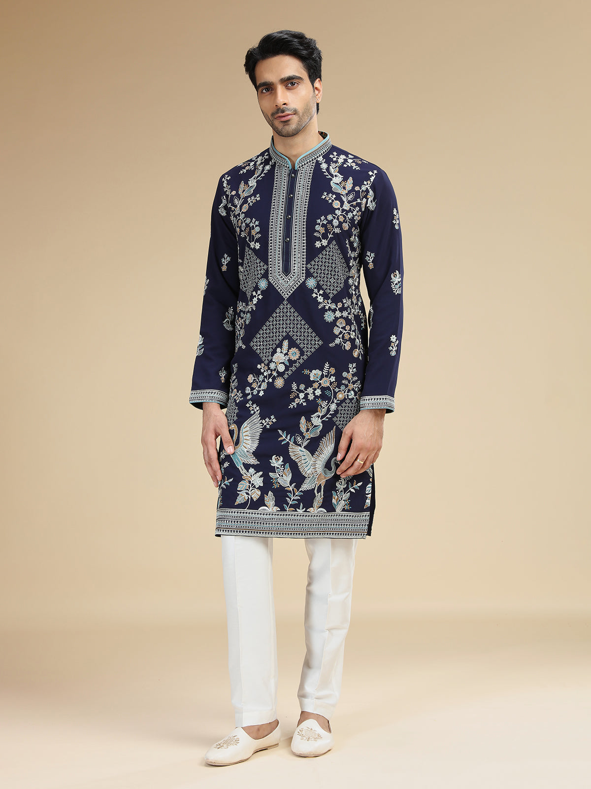 Navy blue mens crane embroidered silk kurta pajama