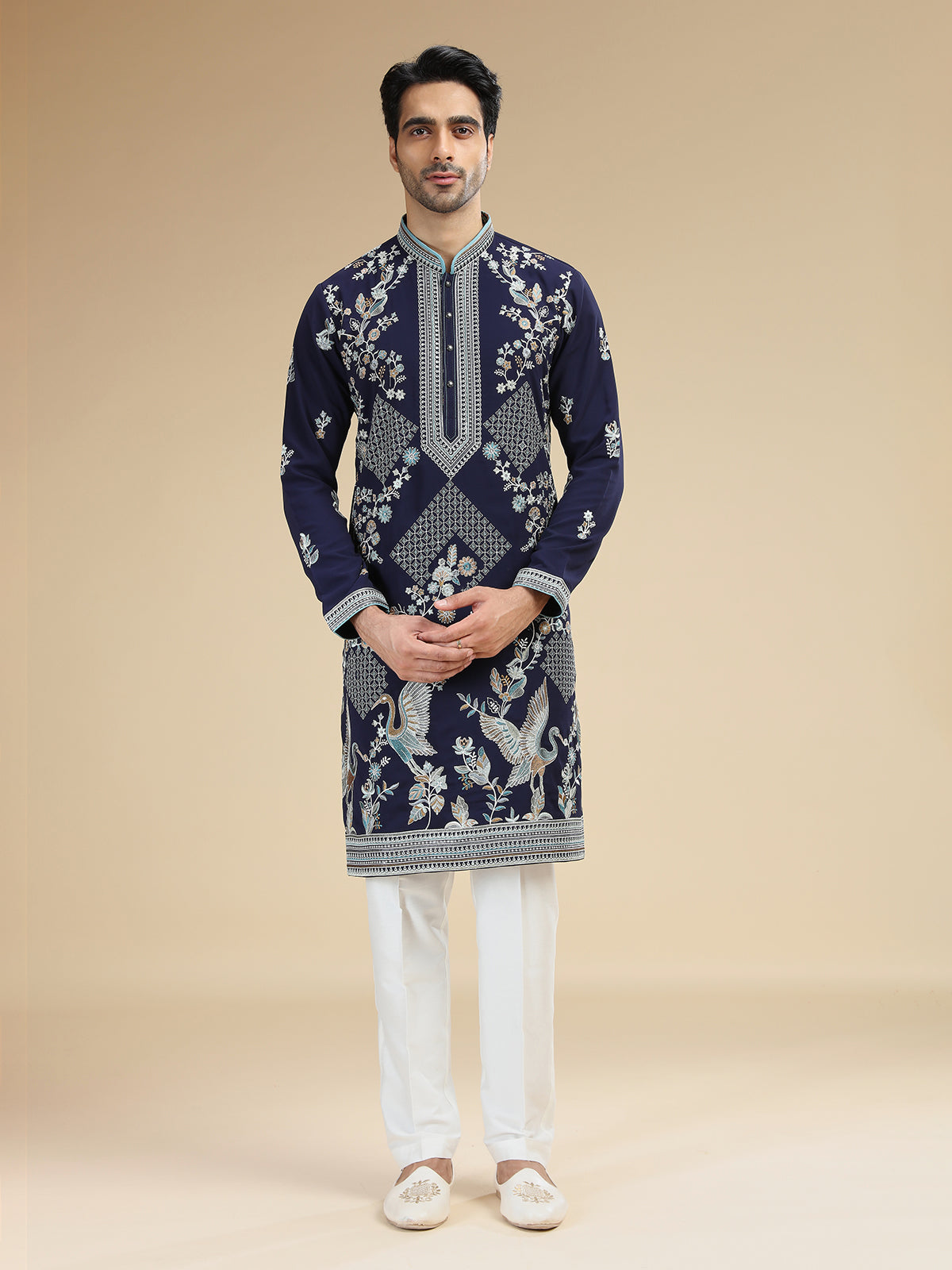 Navy blue mens crane embroidered silk kurta pajama