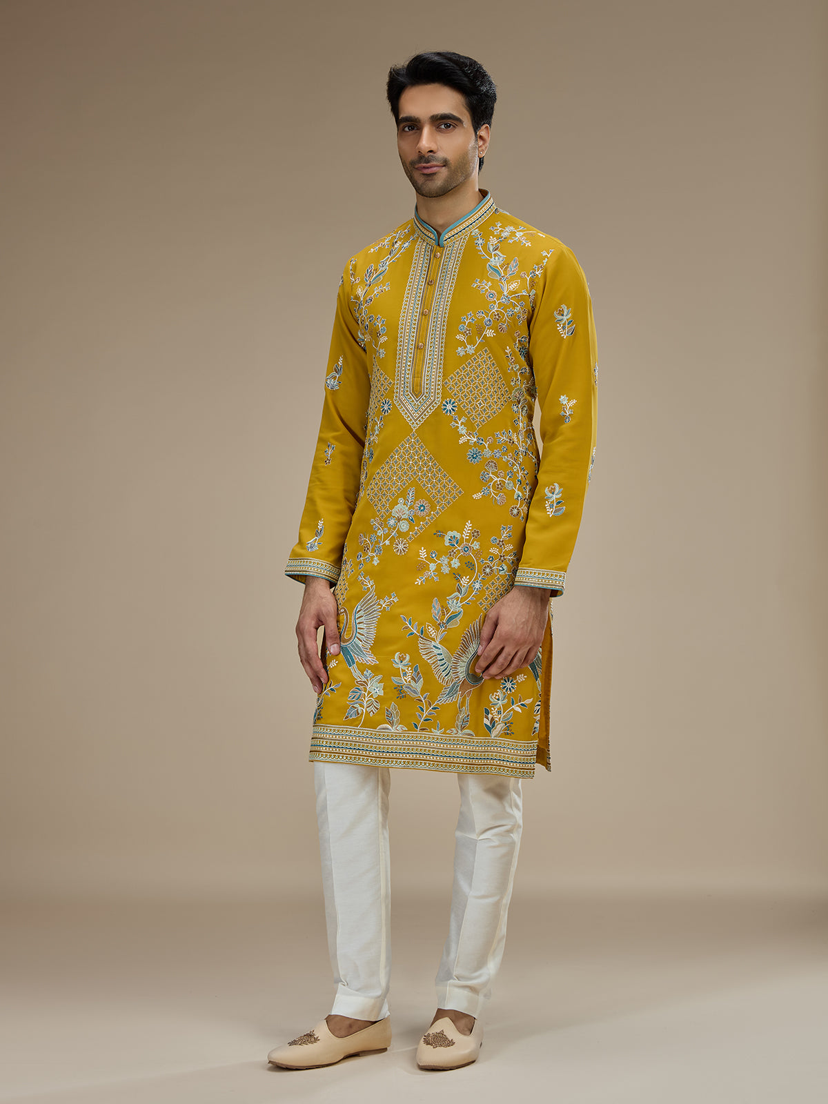 Yellow mens crane motif embroidered silk kurta suit