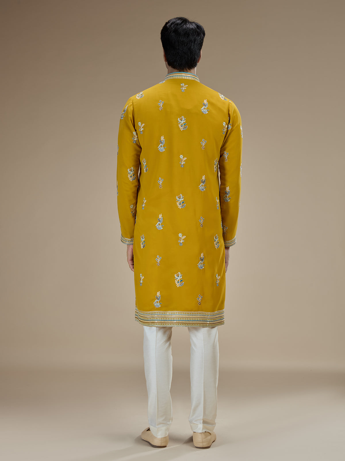 Yellow mens crane motif embroidered silk kurta suit