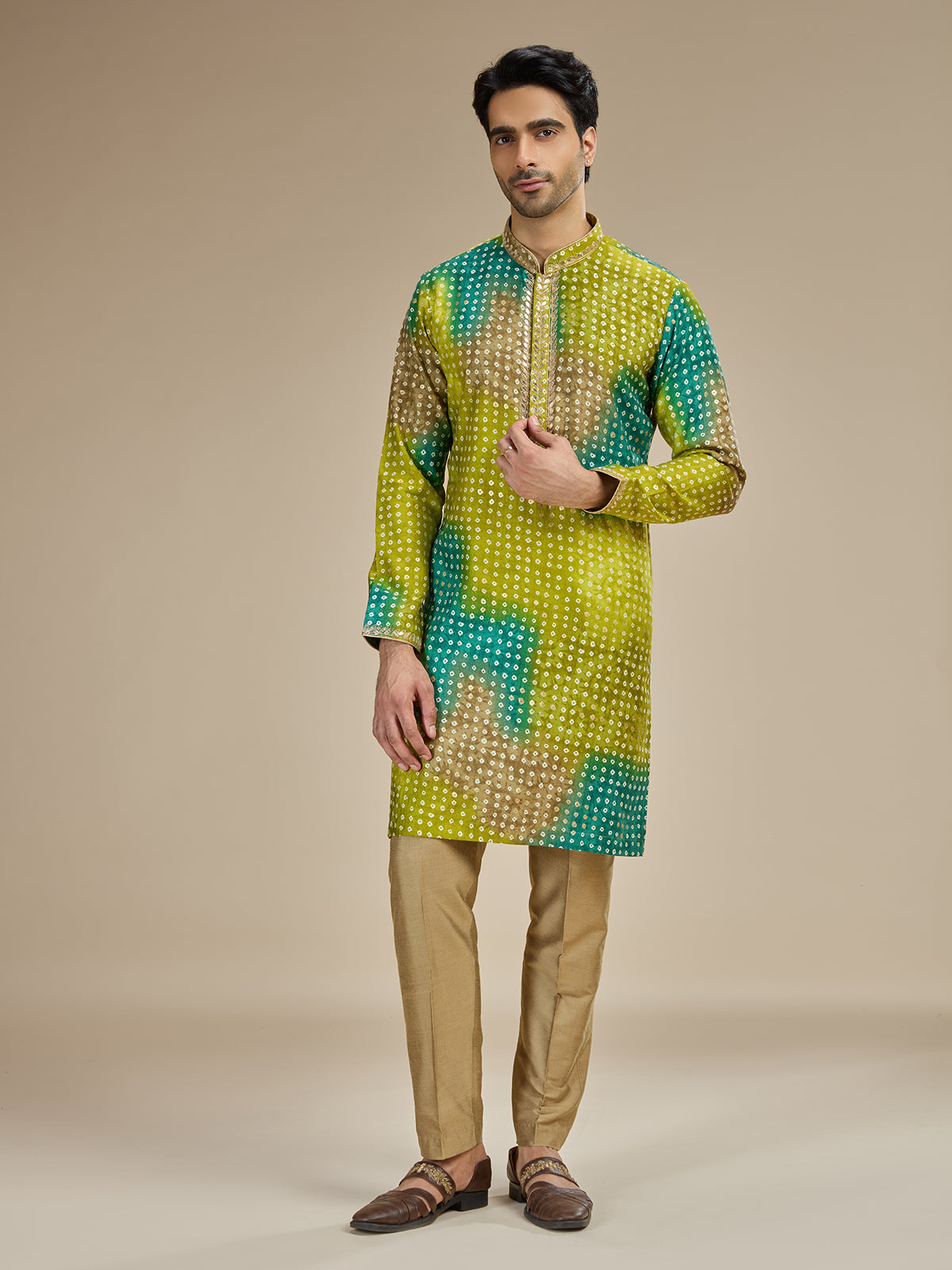 Green mens bandhani zari georgette silk kurta pajama