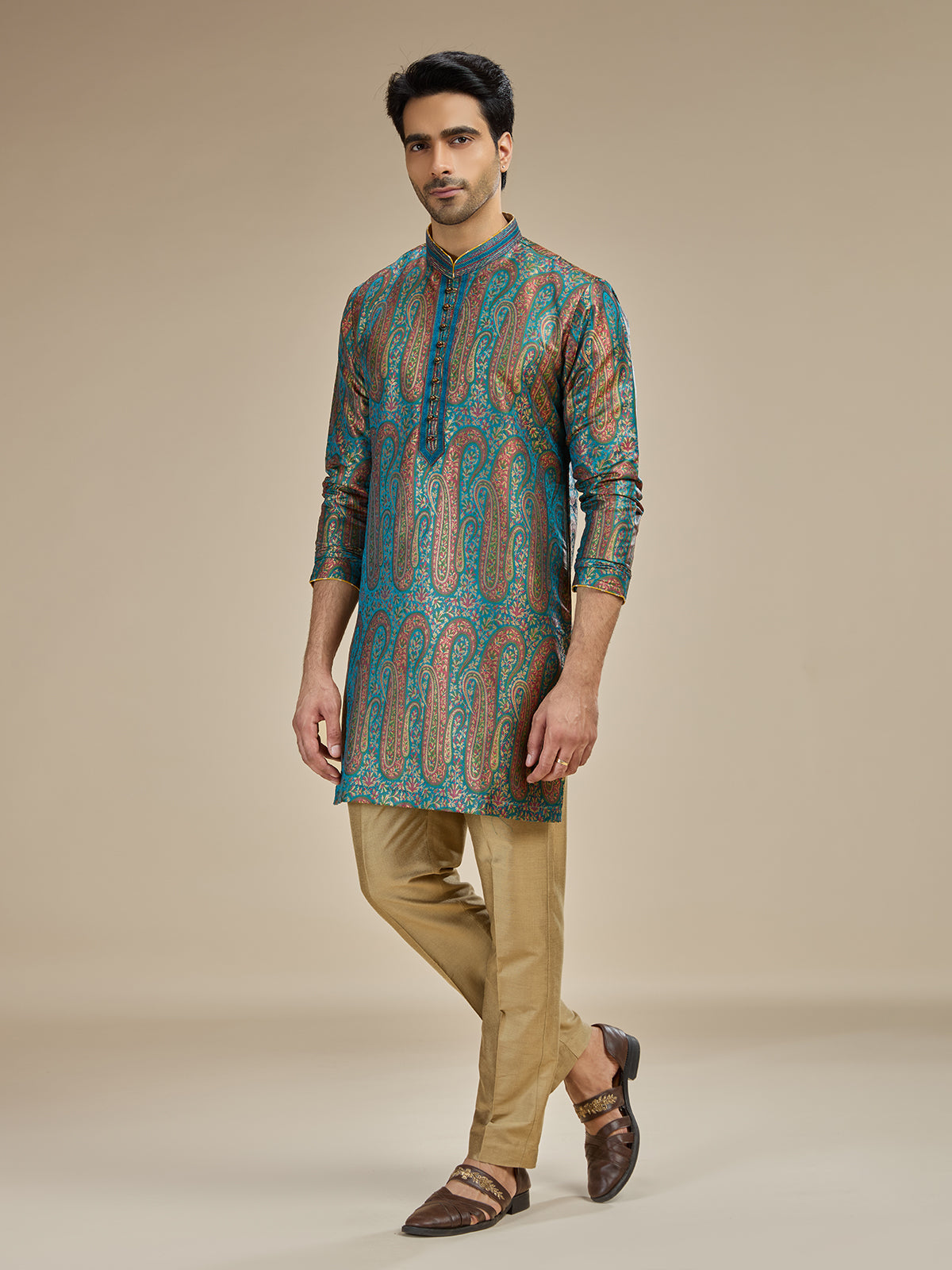 Turquoise blue mens kashmiri botanical modal kurta pajama