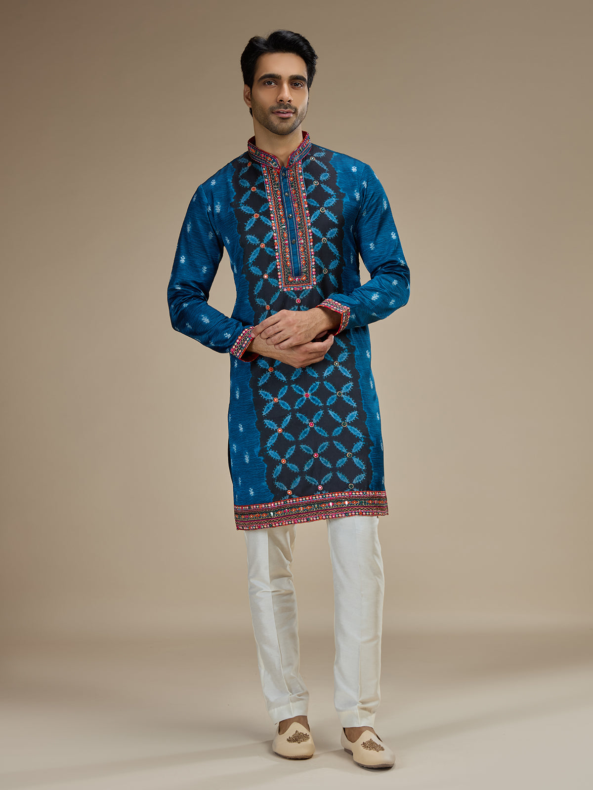 Blue mens gujarati abhla embroidered satin linen kurta pajama