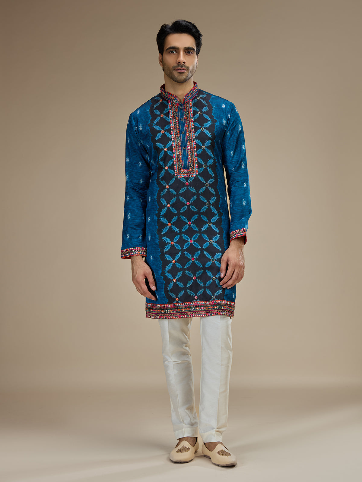 Blue mens gujarati abhla embroidered satin linen kurta pajama