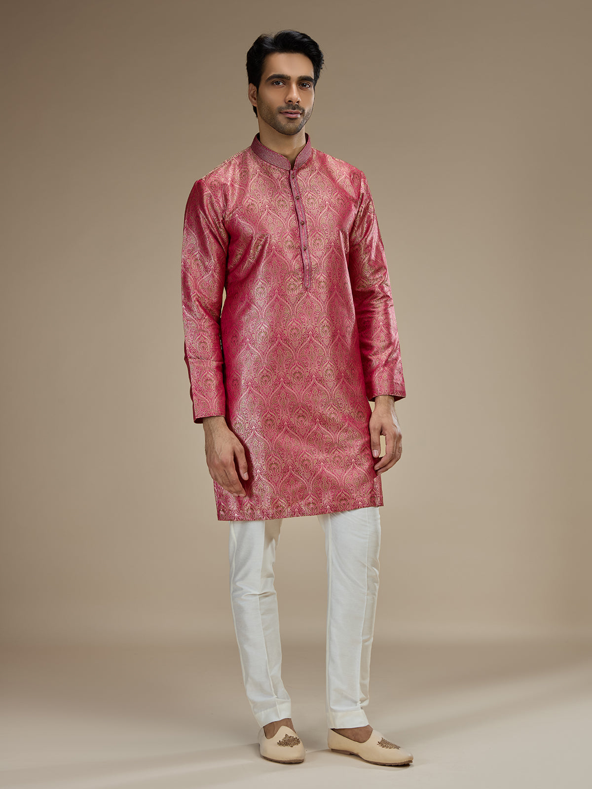 Pink mens heritage floral banarasi brocade kurta pajama