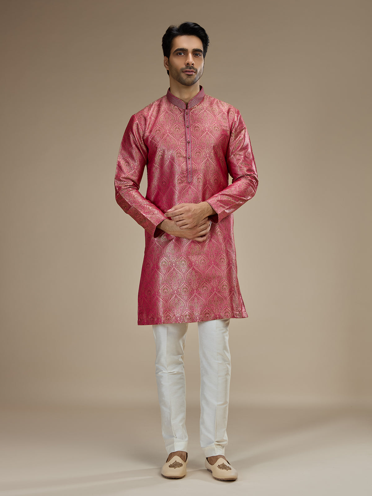 Pink mens heritage floral banarasi brocade kurta pajama