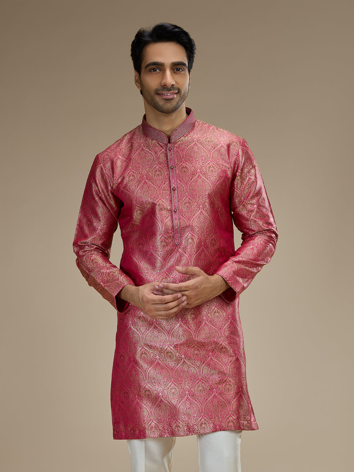 Pink mens heritage floral banarasi brocade kurta pajama