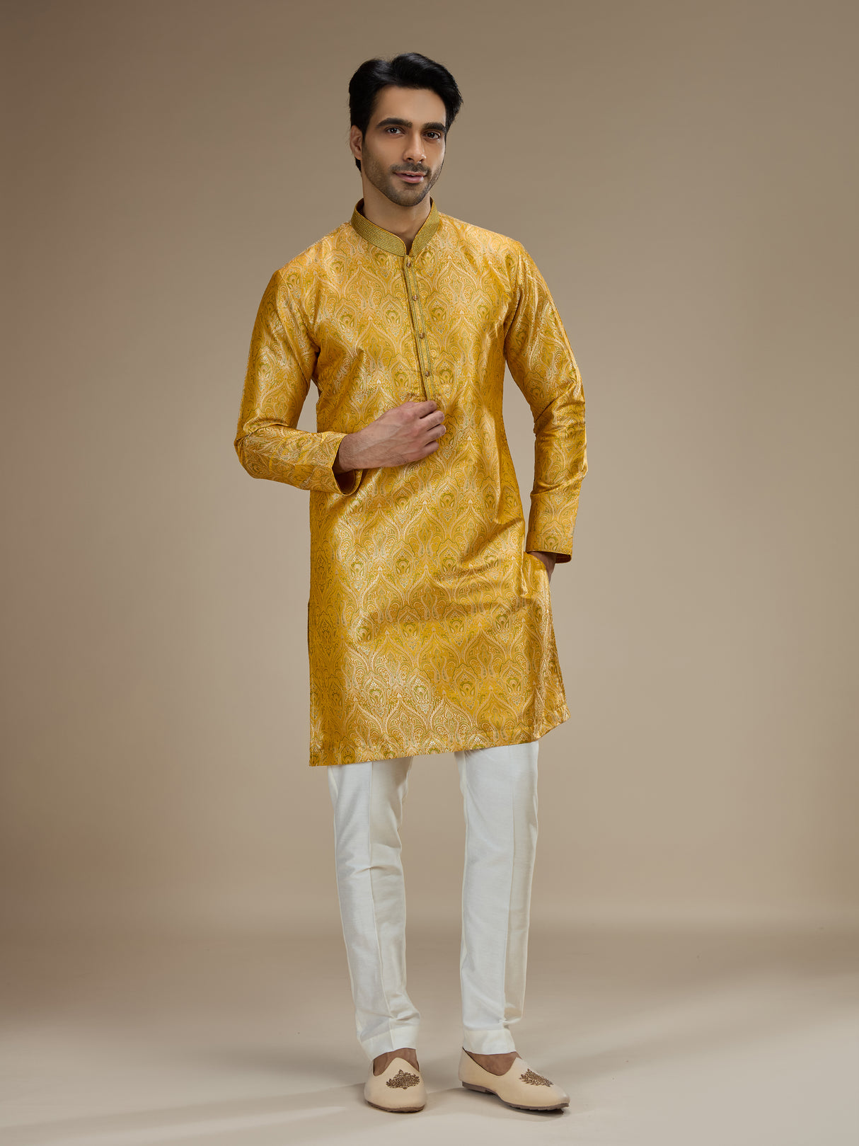 Yellow mens classic floral banarasi brocade kurta suit