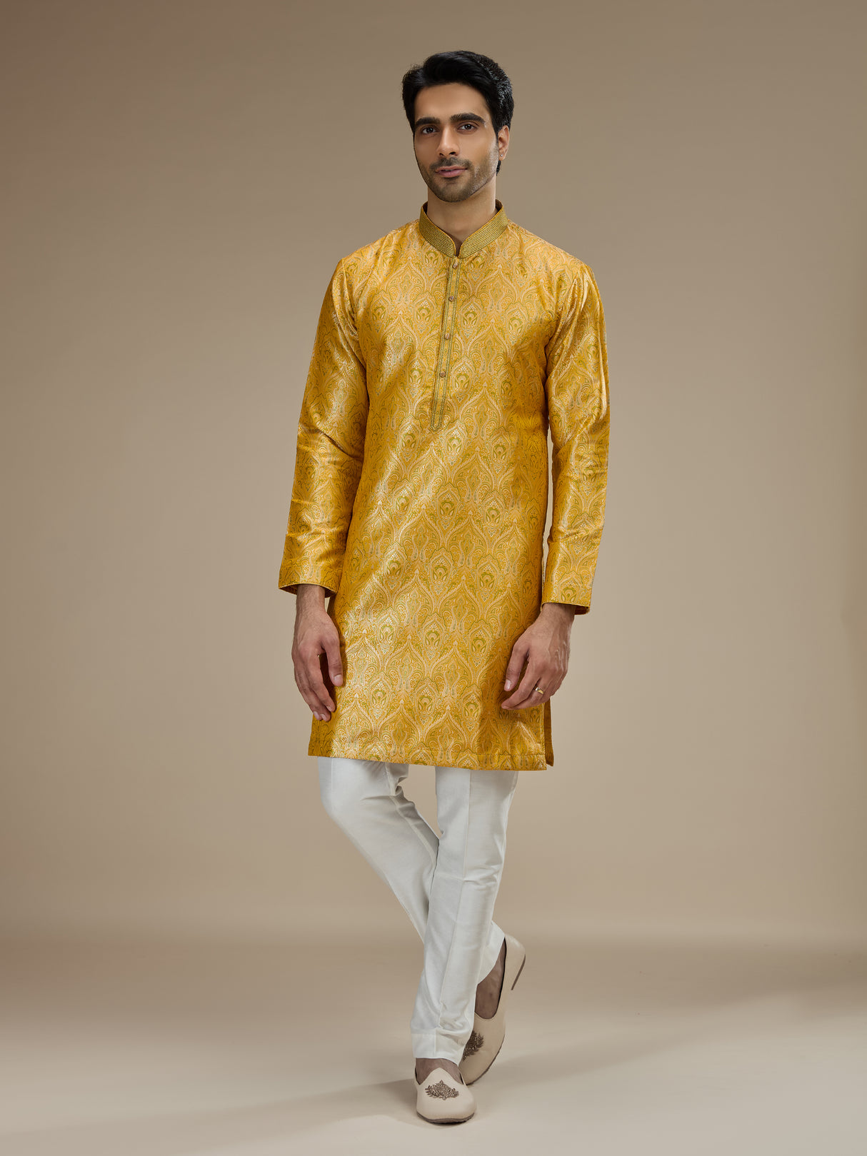 Yellow mens classic floral banarasi brocade kurta suit