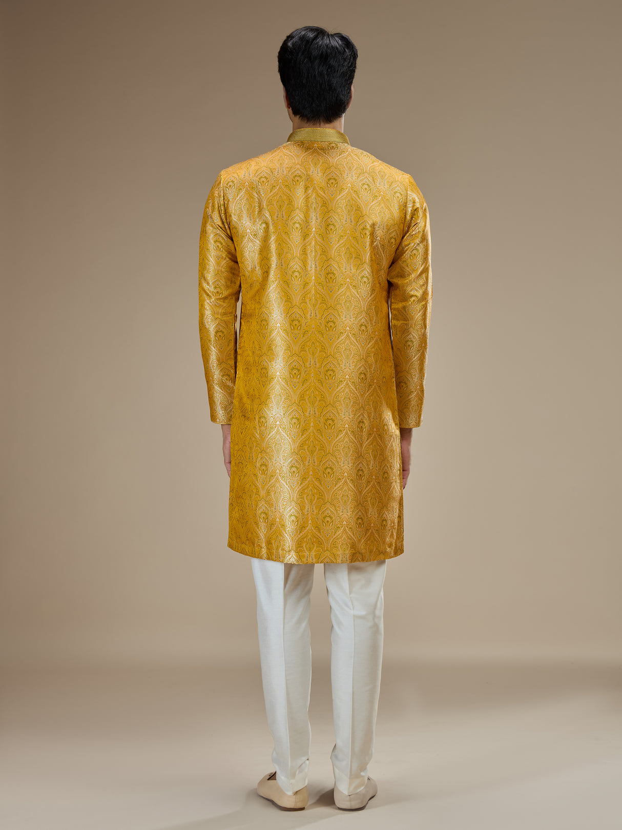 Yellow mens classic floral banarasi brocade kurta suit