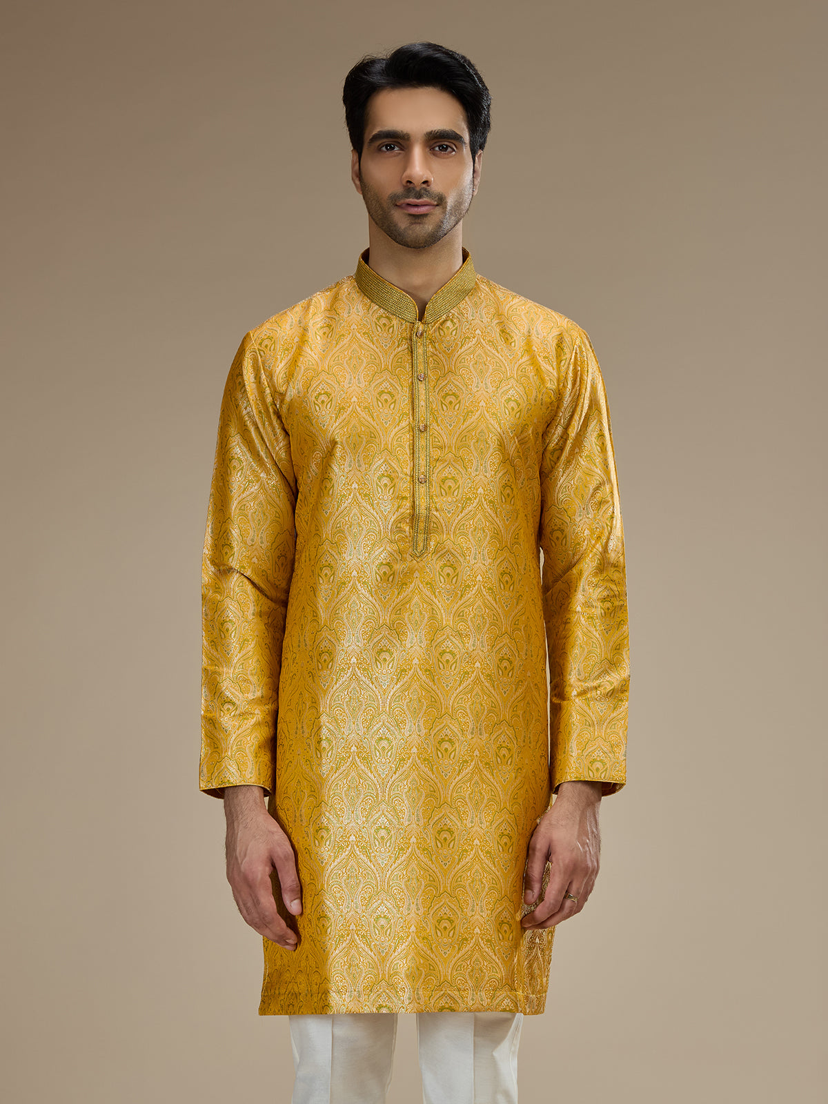 Yellow mens classic floral banarasi brocade kurta suit