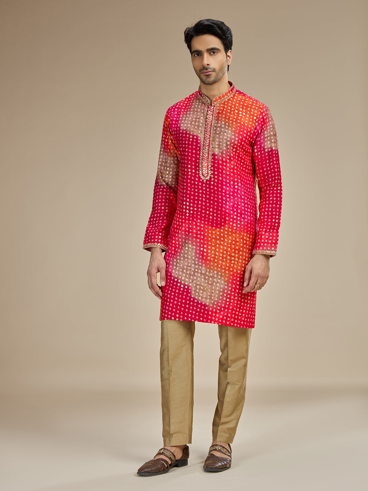 Pink mens bandhani zari georgette kurta pajama