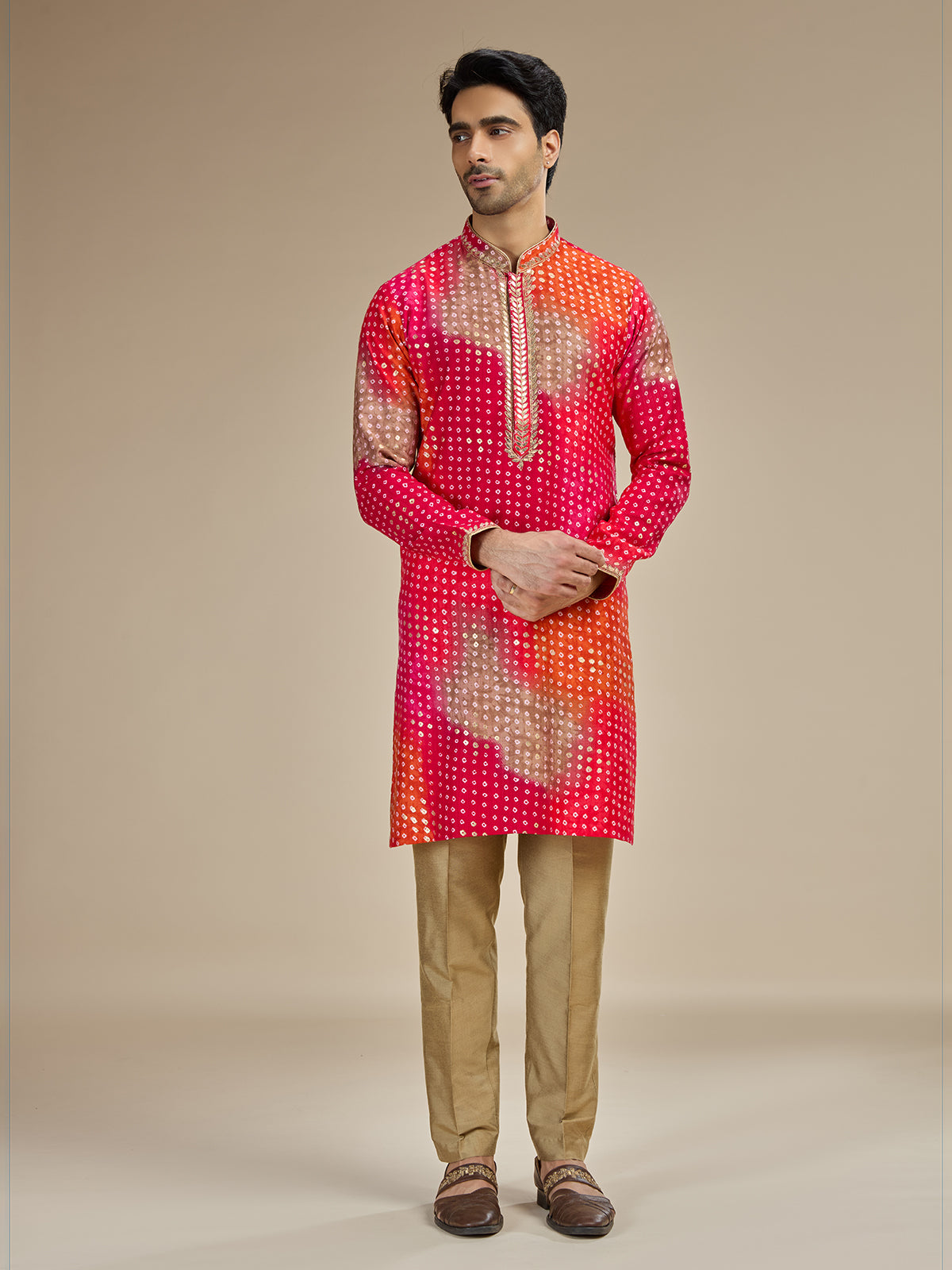 Pink mens bandhani zari georgette kurta pajama