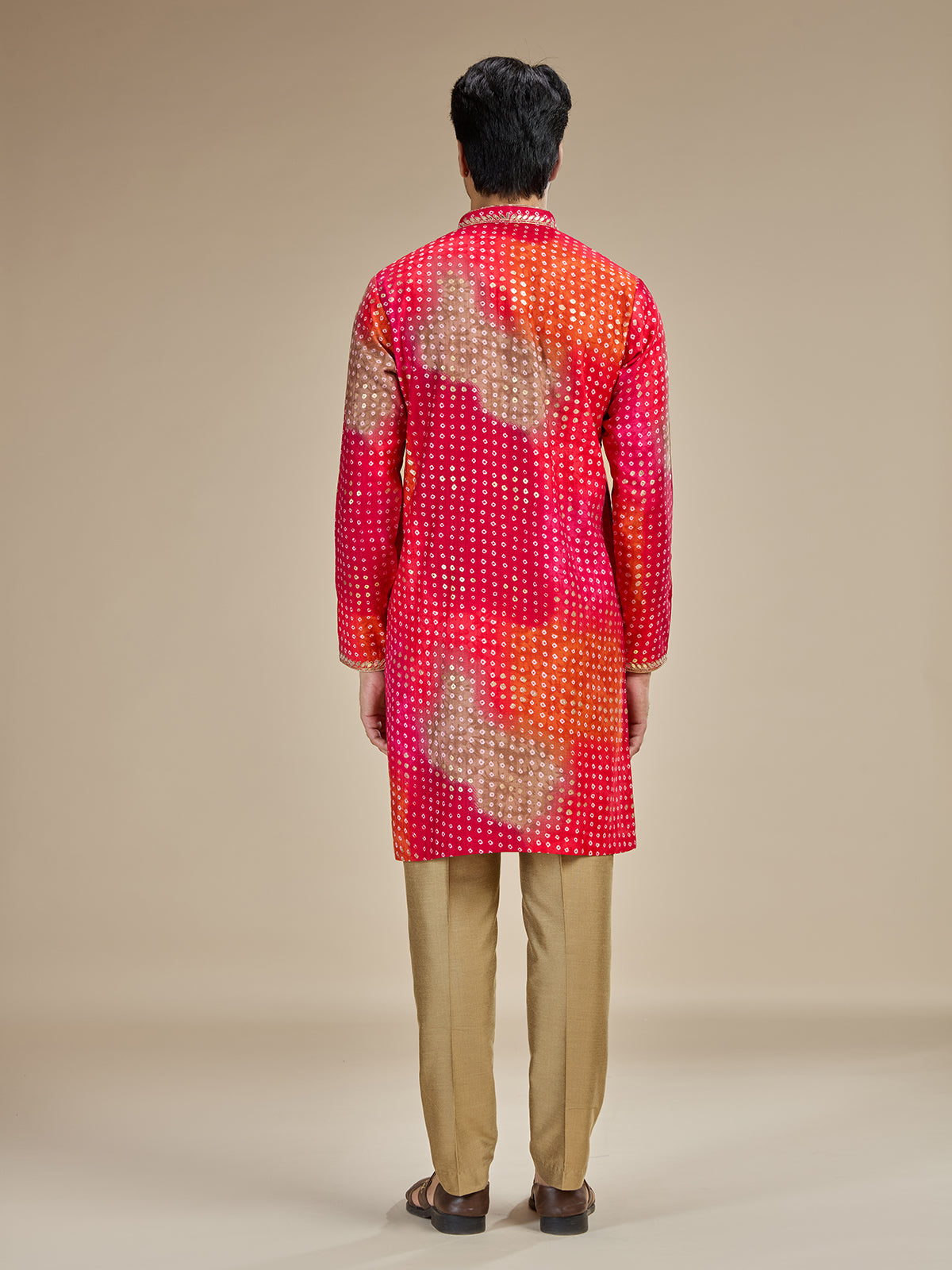 Pink mens bandhani zari georgette kurta pajama