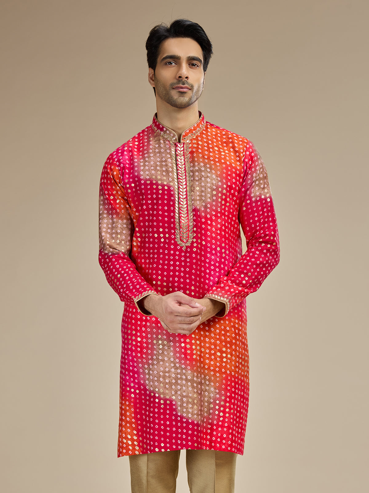 Pink mens bandhani zari georgette kurta pajama