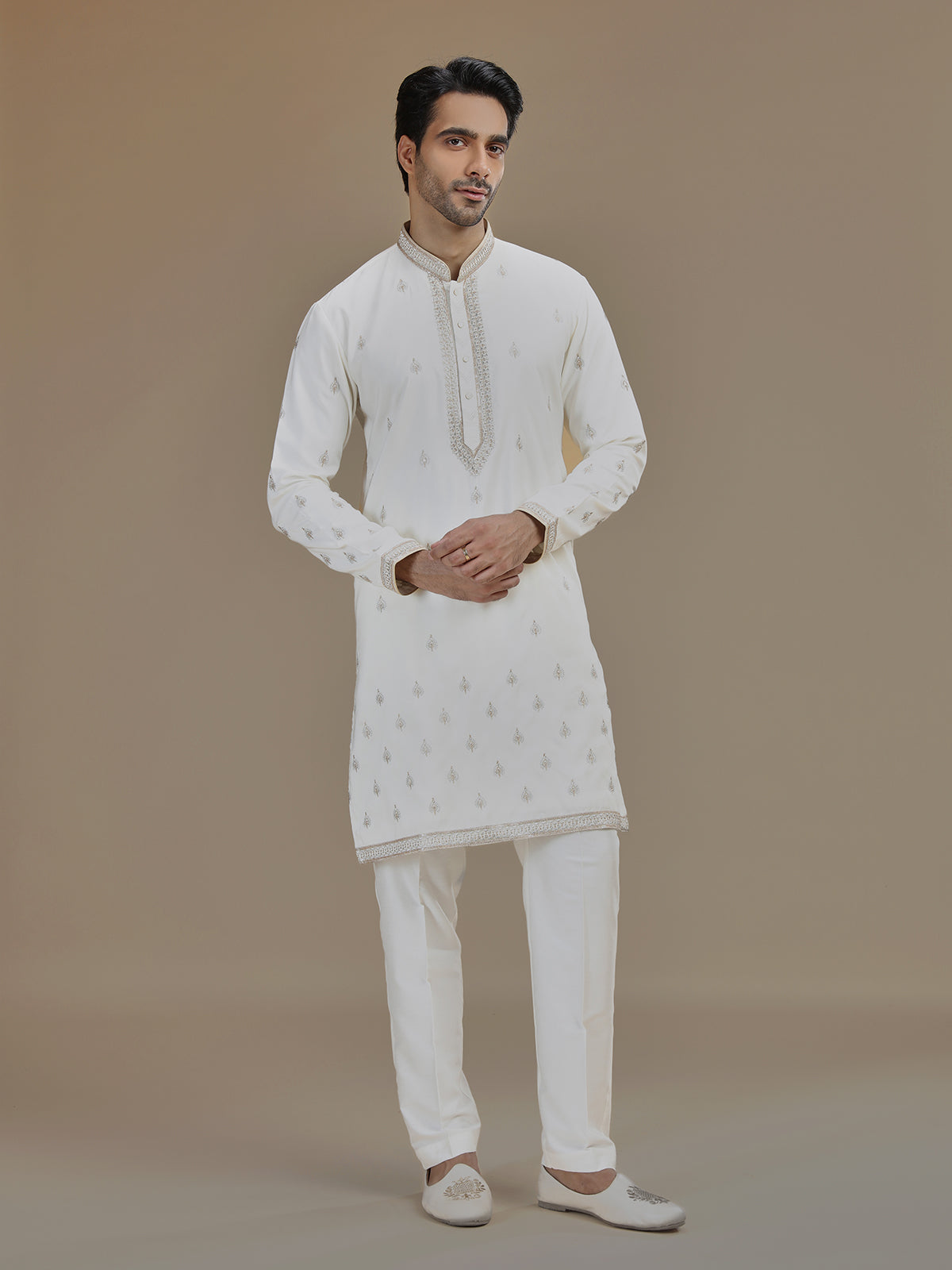 Off white royal paisley silk kurta suit for men