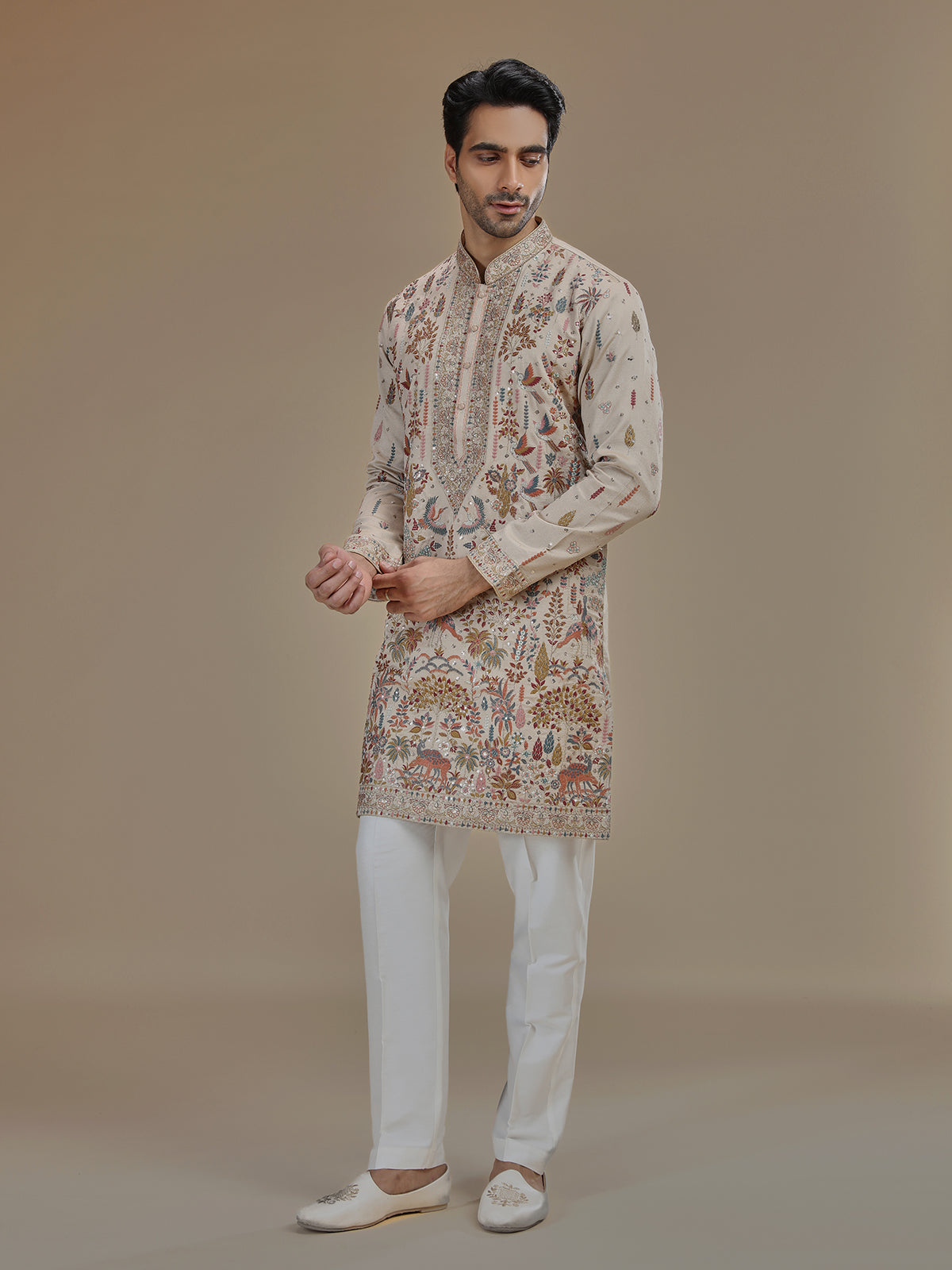 Beige heritage Shikargah art silk kurta suit for men