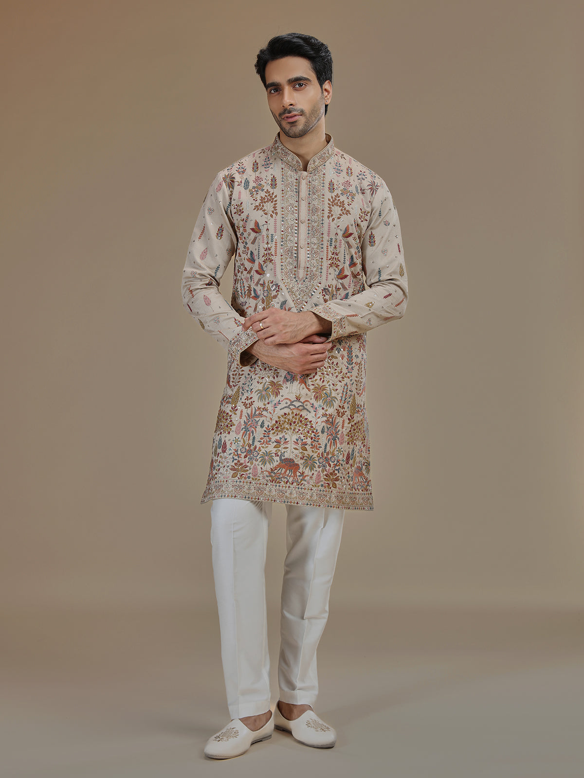 Beige heritage Shikargah art silk kurta suit for men