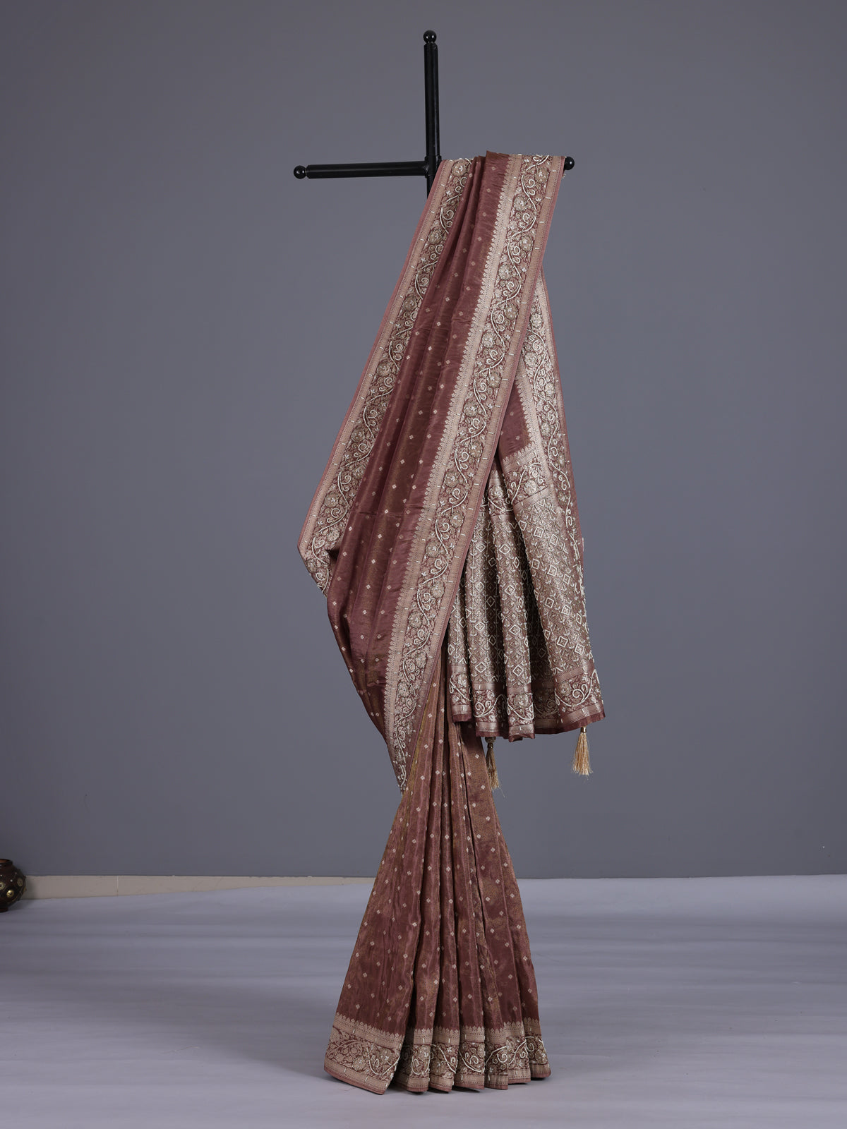 Chocolate brown silk saree with luxurious butti and tassels