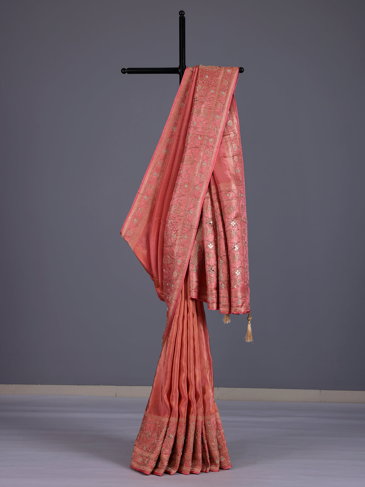 Gajari pink silk saree with stunning embellished pallu details
