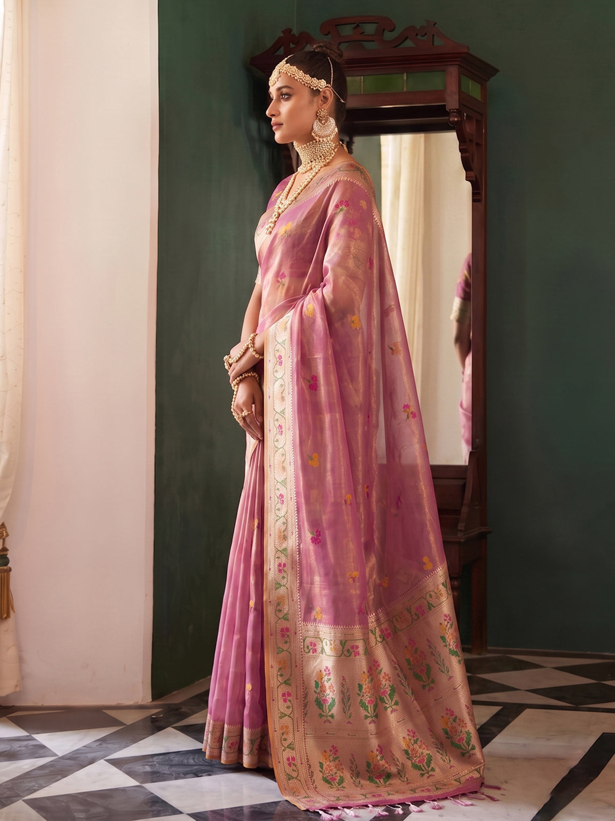 Onion pink regal tissue silk saree