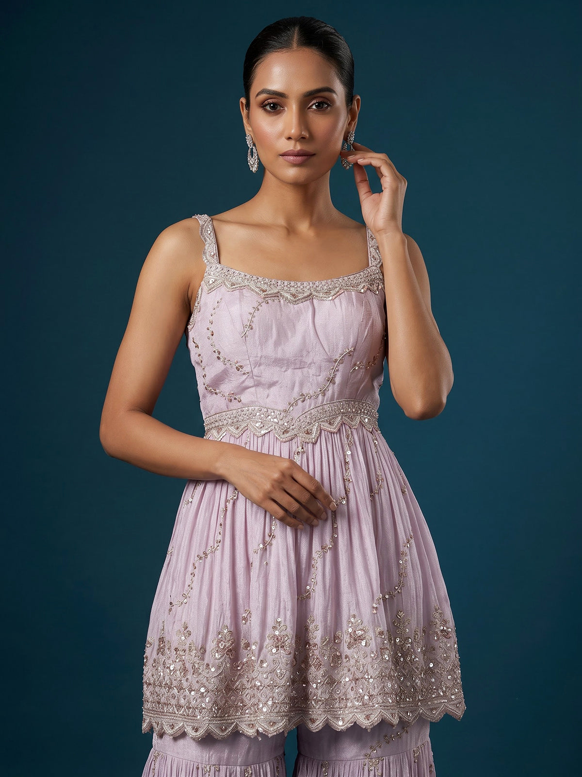 Pink embellished silk pakistani style sharara suit